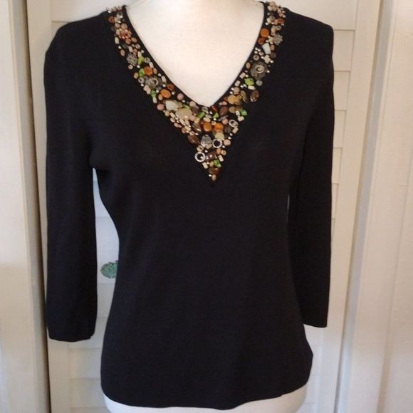 JOSEPH A. beaded‎ v-neck 3/4 sleeve viscose/nylon unique sweater Sz. M - Picture 1 of 9